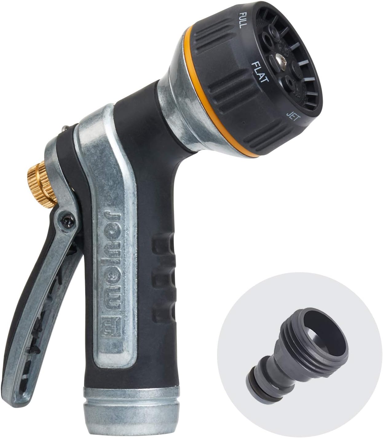 Melnor 65020-AMZ Metal Multi-Pattern Hose Nozzle with Rear Trigger Grip, 7 Spray Patterns, Heavy-Duty Metal Construction, Quick Connect Adapter, Black, Orange