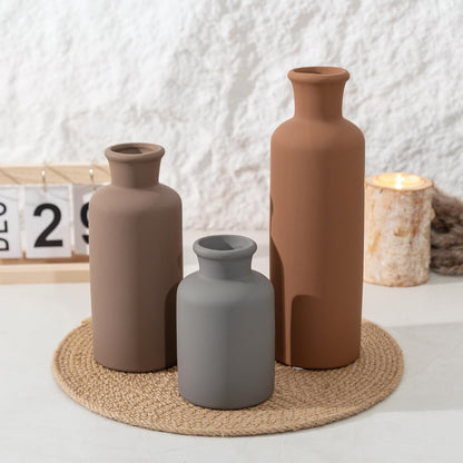 Ceramic Vase Set of 3, Modern Minimalist Neutral Home Decor, Boho Rustic Farmhouse Decorative Vases for Pampas Grass Dried Flowers | Table Centerpiece Entryway Mantel Bookshelf(Black Mix Set - Gray#1)