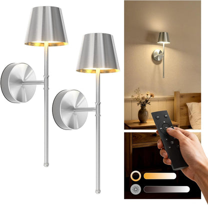 UME Wireless Sconces Set of 2 with Remote, 5200mAh Battery Powered Sconces - Small Rechargeable Sconces w/ 3 Color Temps & 5 Brightness Levels for Bedroom, Living Room, Wall Painting, Cafe (Black)