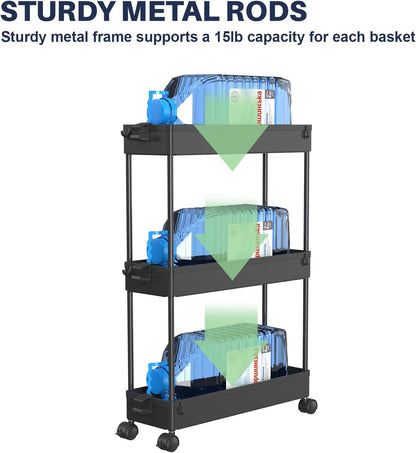 SPACELEAD 3 Tier Rolling Cart with Wheels, Storage Craft Art Trolley Organizer Serving, 3 Hanging Baskets Easy Assembly, for Office, Bathroom，Living Room, Kitchen, White