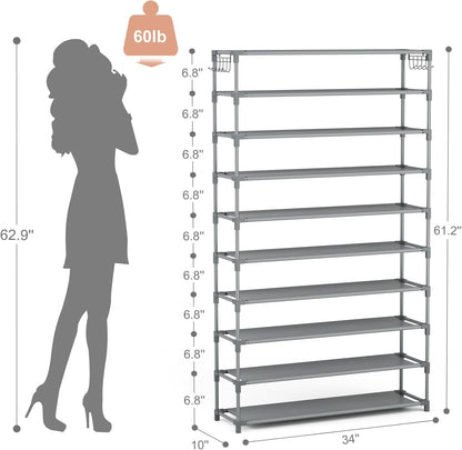LANTEFUL 10 Tiers Shoe Rack 50 Pairs Large Capacity Tall Shoe Organizer Sturdy Shoe Storage with Two Hooks Space Saving Metal Wide Shoe Rack for Closet, Entryway, Bedroom, Black