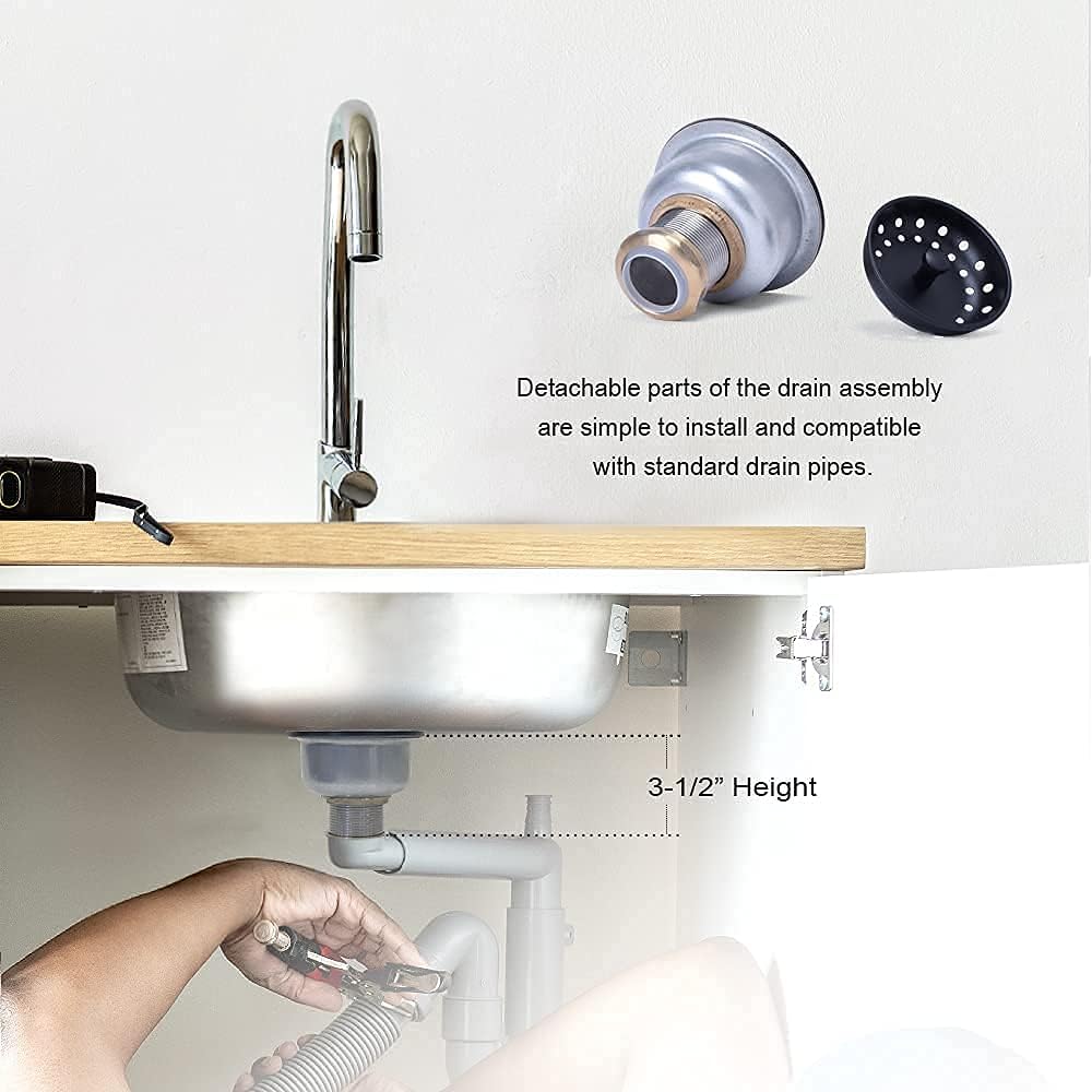 3-1/2 Deep Cup Kitchen Sink Drain Assembly, 304 Stainless Steel Construction With Fixed Post Basket and Long Extended Shank/CAS Approved and White Finish