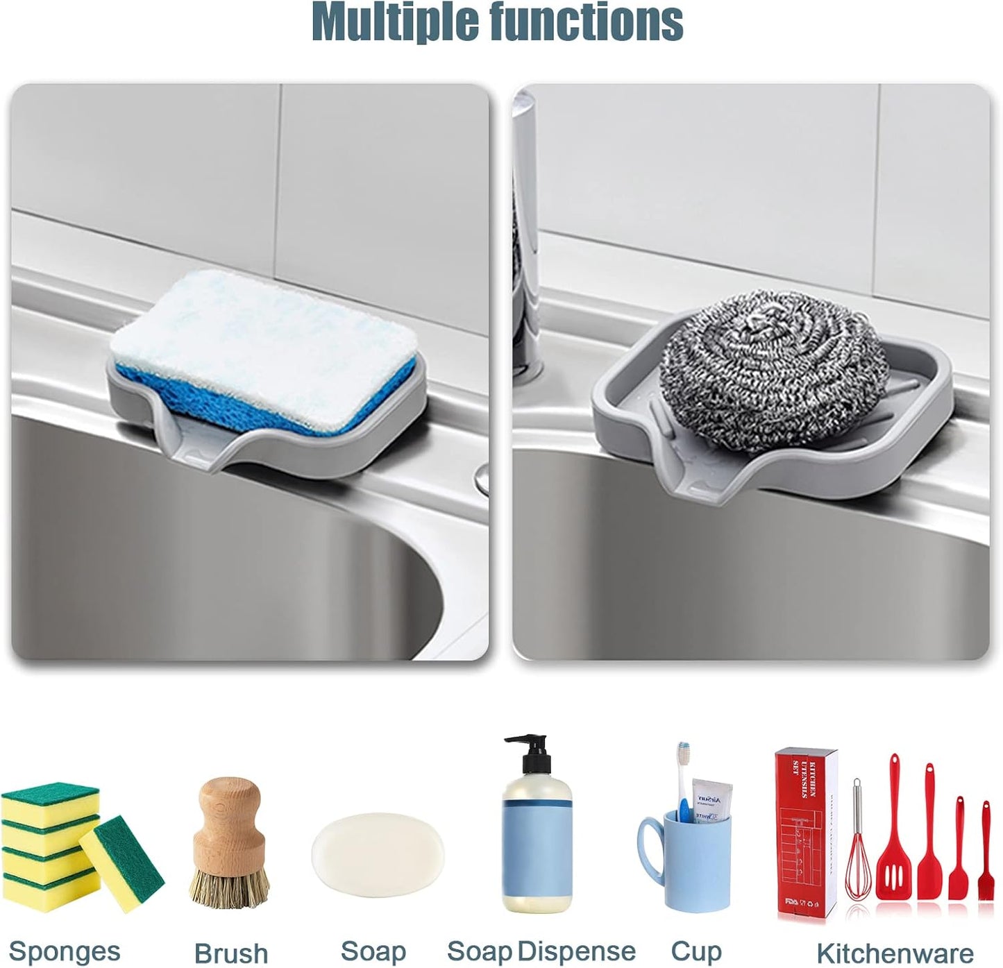 Kitchen Soap Tray, XIACIBDUS 2PCS Silicone Sink Sponge Holder, Soap Holder for Kitchen Sink with Drain Spout, Bath Tray Caddy Soap Tray for Kitchen Counter Bathroom Dish Scrubber(Big)