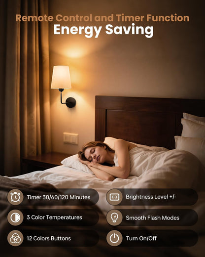 KINDEEP Wall Sconce Set of 2 Battery Operated, Rechargeable Wireless Dimmable Wall Light with RGB, Flash Mode, Remote Timer