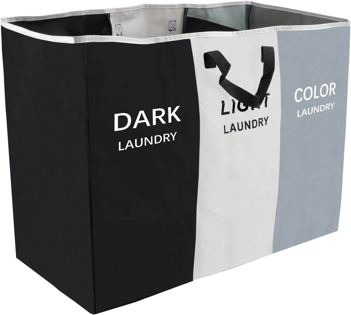 168L Laundry Hamper, Large Blanket Storage Basket Sorter 3 Section Bag Organizer for Dirty Clothes - Toys - Towel,15 X 23 X 28 inch Heavy Duty Laundry Cart Baskets (Black and white gray bag)