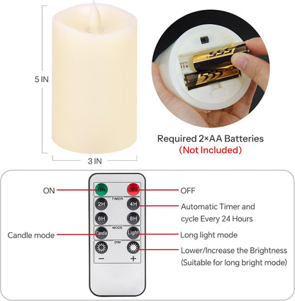 3x4 Flickering Flameless Candles Set of 3,Real Wax Pillar LED Candles,with Timer,4 inch Flameless Candles with Remote,for Party Wedding Holiday Home Decor,Ivory