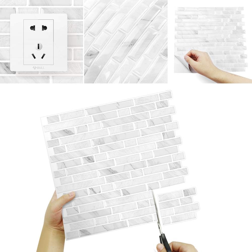 Yipscazo 10 Sheets Peel and Stick Backsplash for Kitchen Wall, 12''x12'' Waterproof Stick on Backsplash Smart Tiles for Bathroom,Removable Backsplash Wall Tiles in Gray White