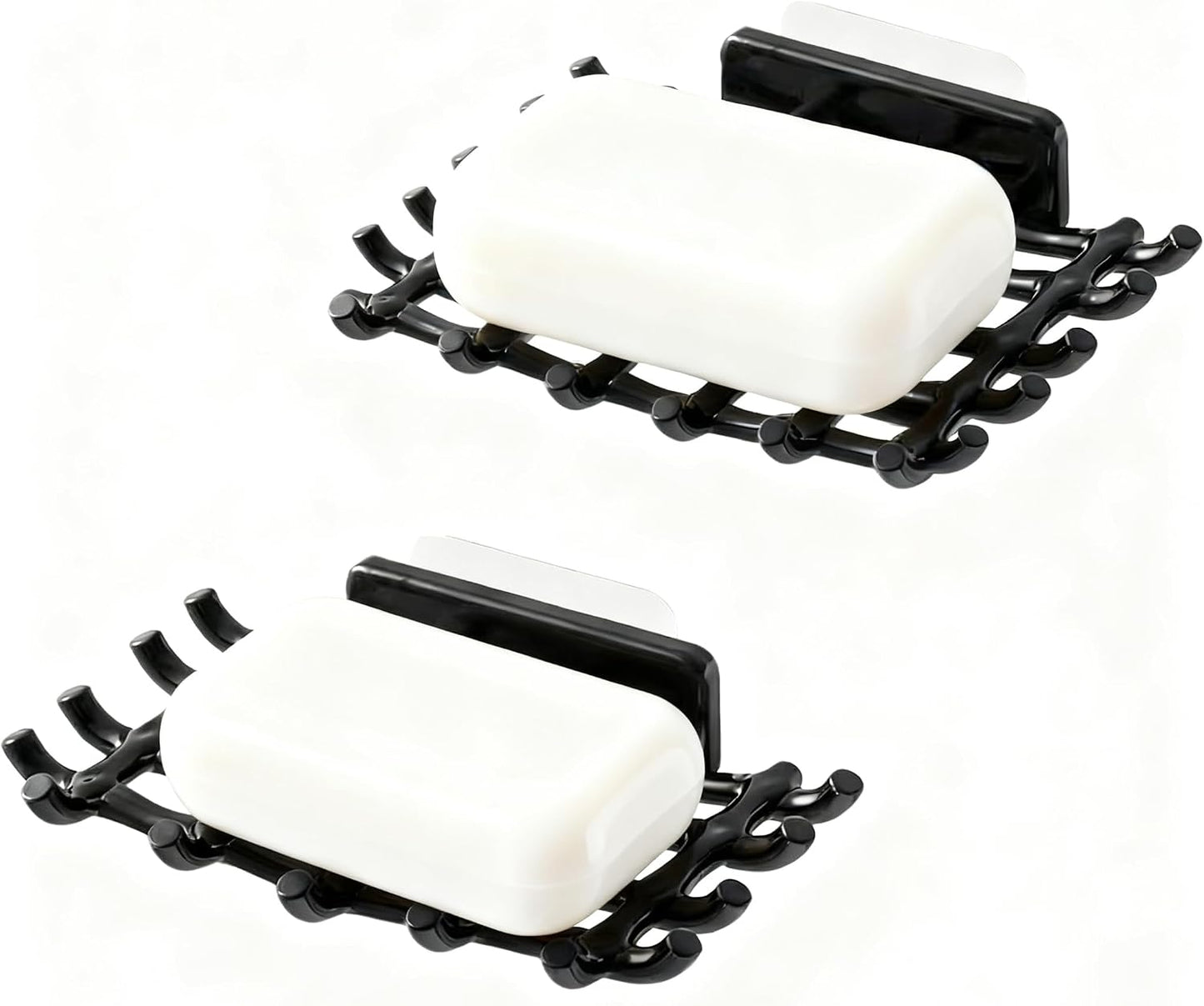 2 Pack Black Soap Bar Holder for Shower Wall - Self Draining Soap Dish with Hooks - No Drilling Waterproof Adhesive Wall Mounted Dish for Bathtub Kitchen Sink (Black)