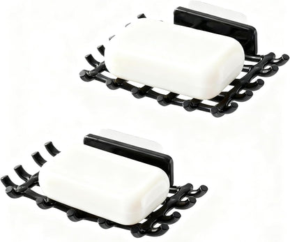 2 Pack Black Soap Bar Holder for Shower Wall - Self Draining Soap Dish with Hooks - No Drilling Waterproof Adhesive Wall Mounted Dish for Bathtub Kitchen Sink (Black)