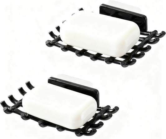 2 Pack Black Soap Bar Holder for Shower Wall - Self Draining Soap Dish with Hooks - No Drilling Waterproof Adhesive Wall Mounted Dish for Bathtub Kitchen Sink (Black)