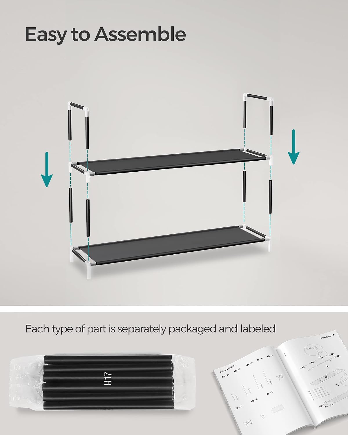 SONGMICS Shoe Rack, 10-Tier Shoe Shelf, Shoe Storage Organizer, 11 x 17.7 x 68 Inches, Metal Frame, Non-Woven Fabric Shelves, for Entryway, Bedroom, Black ULSH010B02