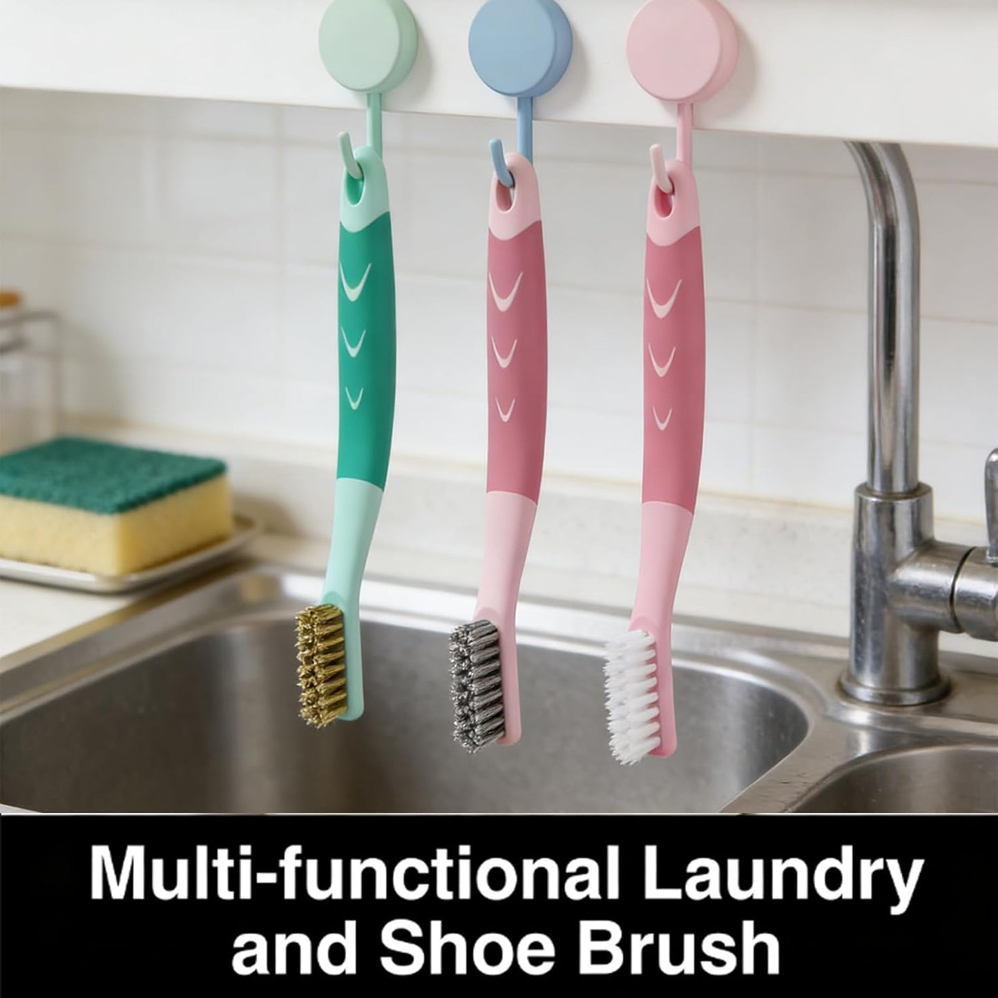 3-Pack Deep Clean Brush Set, Hard Bristle Brush & Steel Wire Scrubber for Bathroom Tiles, Grout, Kitchen Sinks, Stove Tops, Heavy Duty Cleaning Brushes with Comfort Grip, 2 Pink & 1 Green Brushes