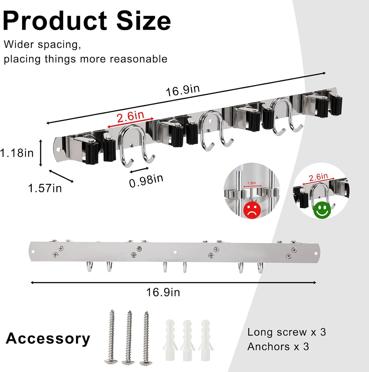 Broom Holder Wall Mount, Stainless Steel Mop Hanger with 4 Slots 6 Hooks, Tool Storage Wall Organizer for Kitchen Garden Garage Laundry Room Bathroom and RV, Black 1-Pack