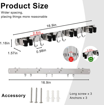 Broom Holder Wall Mount, Stainless Steel Mop Hanger with 4 Slots 6 Hooks, Tool Storage Wall Organizer for Kitchen Garden Garage Laundry Room Bathroom and RV, Black 1-Pack