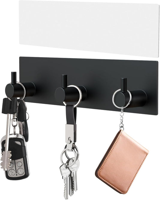 VIS'V Key Holder Wall Mount, Small Adhesive Key Hanger with 3 Hooks, Black | Metal Material, No Drilling, Extra Adhesive Strip, Suitable for Entryway, Hallway, Doorway, Kitchen, Garage, Camper