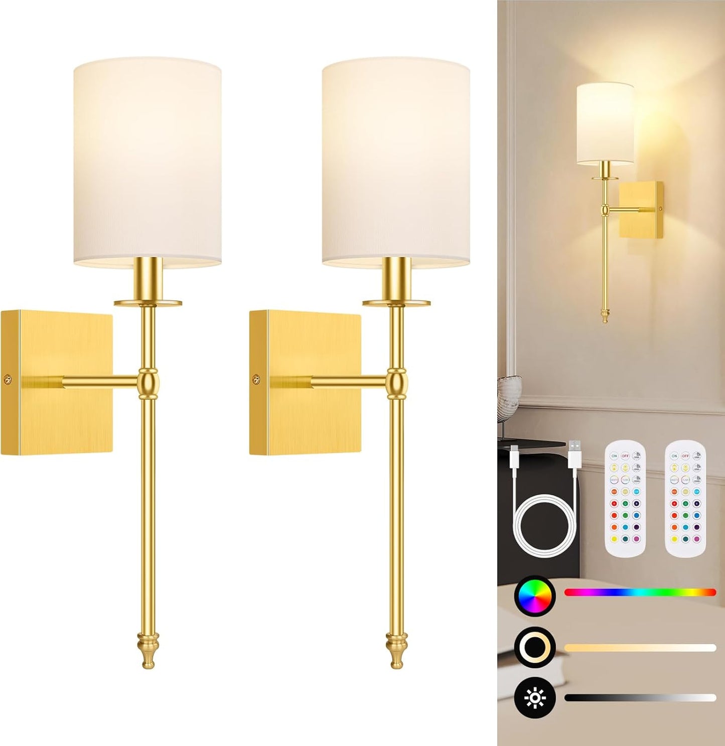 24.8 Inch Black Battery Operated Wall Sconces Set of 2, Rechargeable Wireless Wall Lights with Remote & White Fabric Shade, Indoor Not Hardwired Dimmable Wall Lamps for Bedroom, 2 Bulbs Included