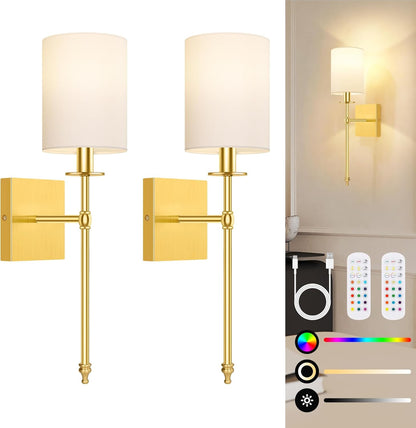 24.8 Inch Black Battery Operated Wall Sconces Set of 2, Rechargeable Wireless Wall Lights with Remote & White Fabric Shade, Indoor Not Hardwired Dimmable Wall Lamps for Bedroom, 2 Bulbs Included