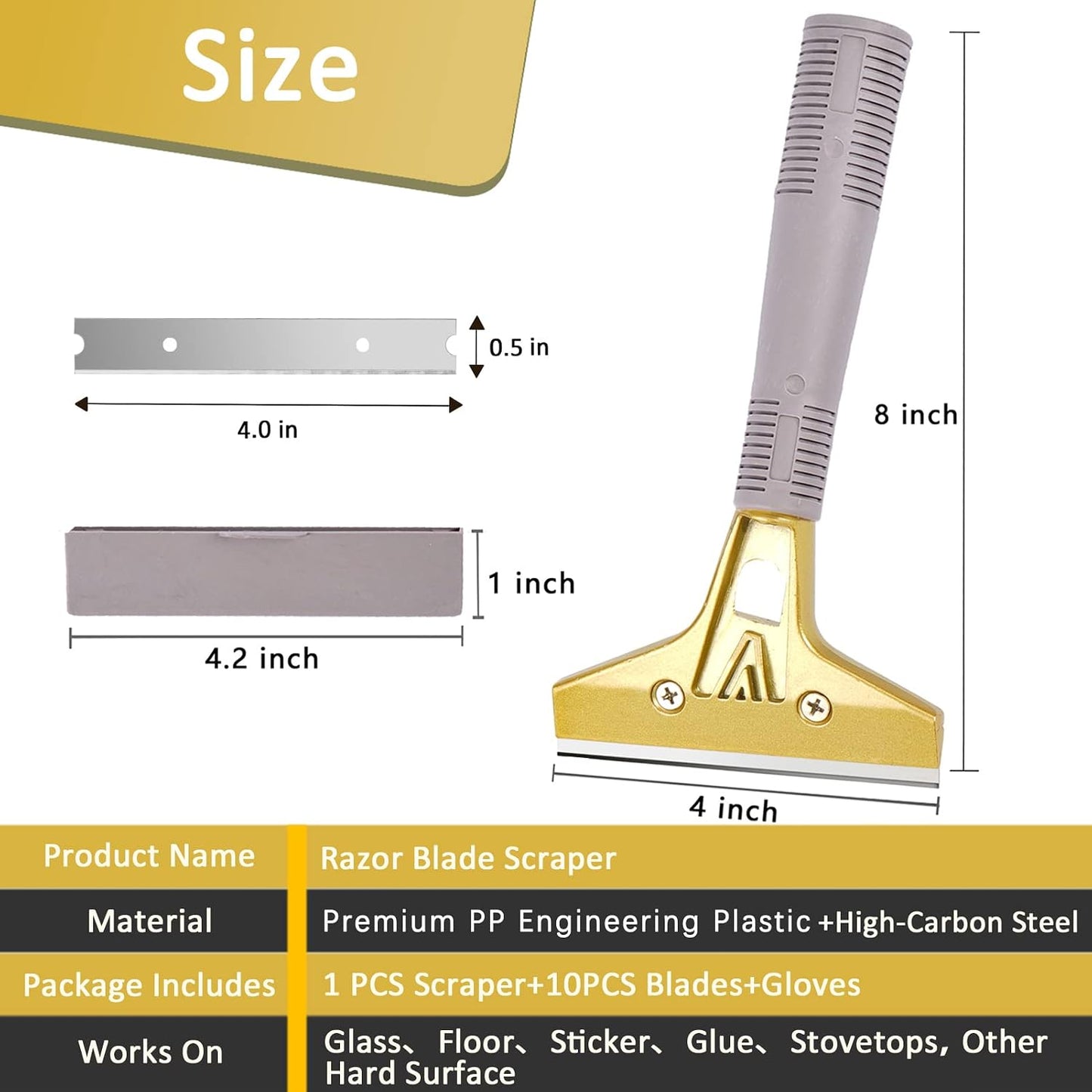 Razor Blade Scraper,Floor Scraper Tool with 20PCS Extra Blades,Paint Scraper Ideal for Cleaning Stove Top,Windows,Glass,Tiles,Wall,Labels.(4 in,Metal) | Heavy-duty,Reinforced aluminum alloy head with a steel shaft