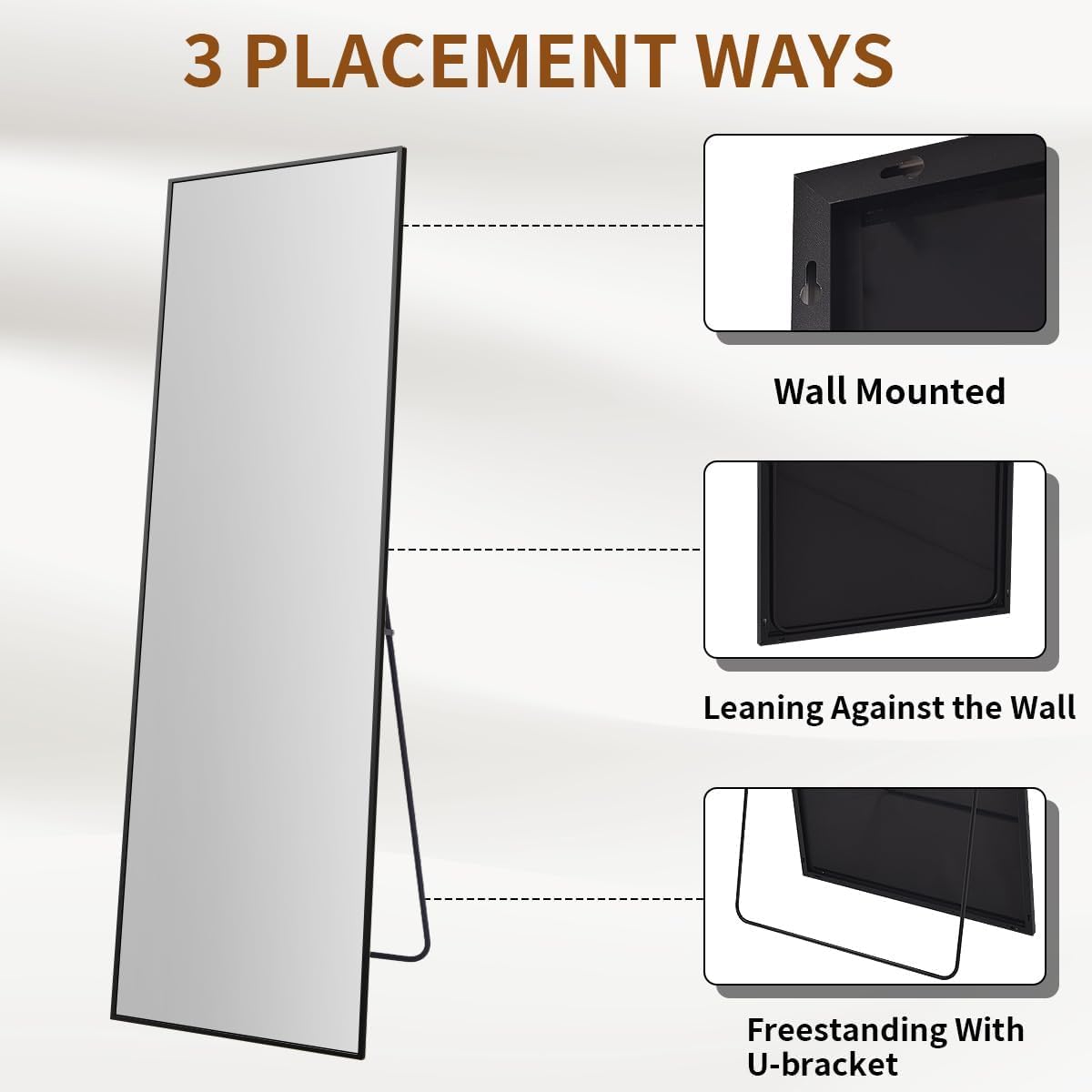 VooBang Mirror Full Length - 21" x 57" Floor Mirror with Stand, Aluminum Alloy Frame Full Body Mirror, Standing Hanging or Leaning Against Wall for Bedroom and Living Room, Black