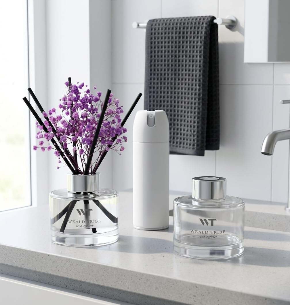 Flower Reed Diffuser Set Wild Eucalyptus Mint Scent for Bathroom Accessories Shelf Decor & Air Fresheners, Sticks Defusers with 5.1 fl oz Essential Oils & Leaves, House Bedroom Office Decor & Gifts