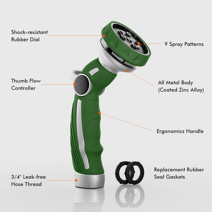 RESTMO Hose Nozzle Heavy Duty, Metal Water Hose Sprayer for Garden | 9 Spray Patterns, High Pressure, Thumb Flow Control, On/Off Valve, Ideal for Outdoor Lawn & Plant, Car & Pet, Black
