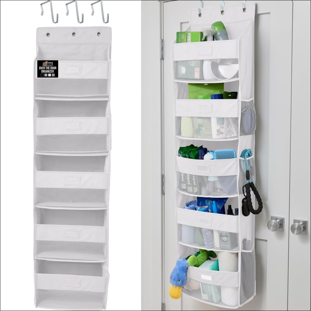 GORILLA GRIP Over the Door Shoe Organizer, 24 Large Breathable Mesh Pockets, Space Saving Hanging Storage Holder, Closet Rack Hanger Holds Up to 40 lbs, Hangs on Closets for Shoes, Accessories, Grey