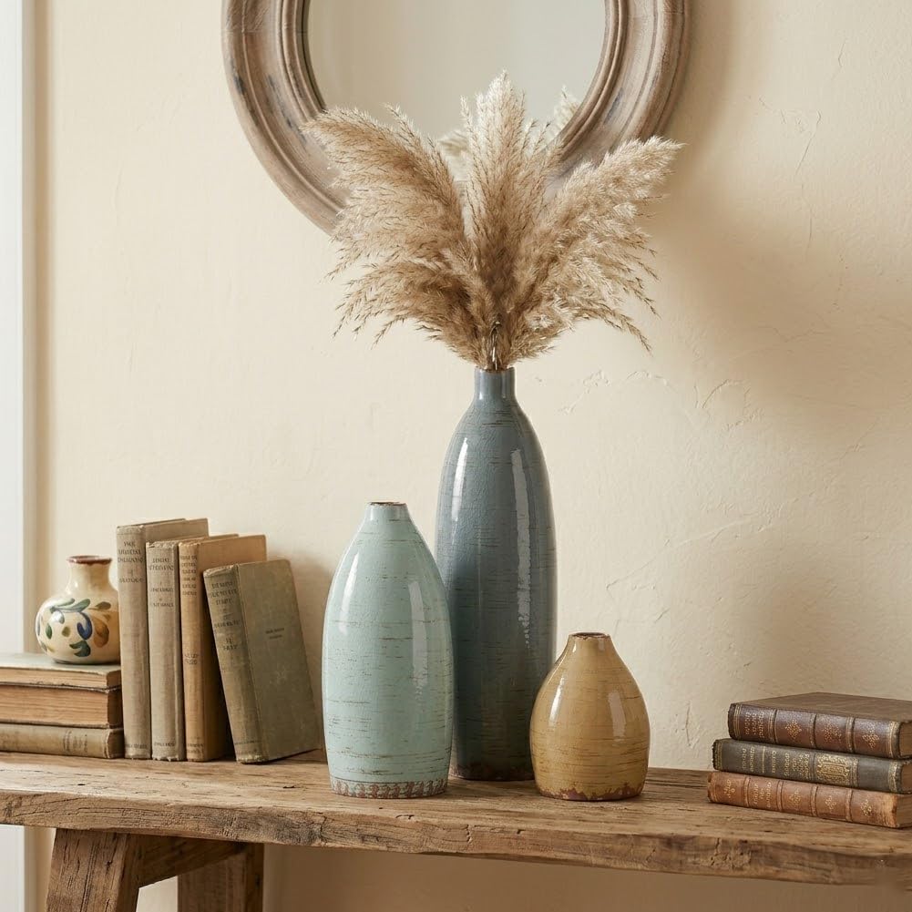 Ceramic Vase Set of 3, Neutral Vases Home Decor, Speckled White Distressed Pottery Rustic Farmhouse Decorative Vases, Small Vases for Table Mantel Entryway Bookshelf Living Room Kitchen Bedroom