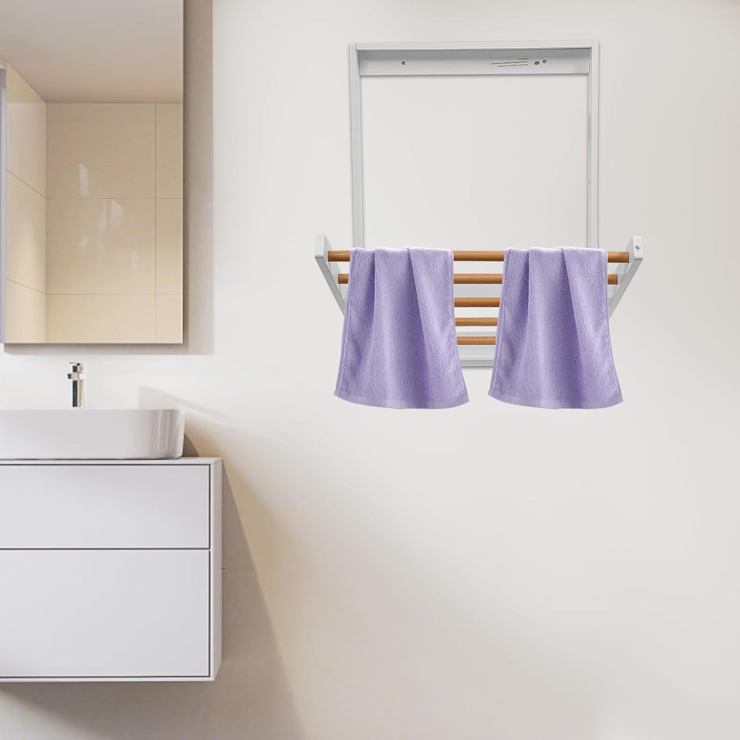 Wall Mounted Clothes Drying Rack, Foldable Wooden Laundry Dryer Rack for Indoor Use, Space Saving Drop-Down Design with Retractable Rods for Bathroom & Laundry Room (White)