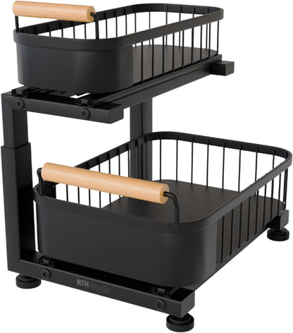 Premium Heavy Duty Carbon Steel Under Sink Organizer, Large 2 Tier Pull Out Cabinet Organizer, 7 Adjustable Heights with Smooth Ball Bearing Sliding Baskets for Bathroom & Kitchen