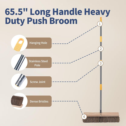 NICOFPHY 18" Push Broom Outdoor Heavy Duty - 65" Long Handle Large Wide Shop Broom, Commercial Stiff Palmyra Bristle Outside Broom Brush for Sweeping Concrete Floor, Garage, Patio, Shop, Yard, Lawn