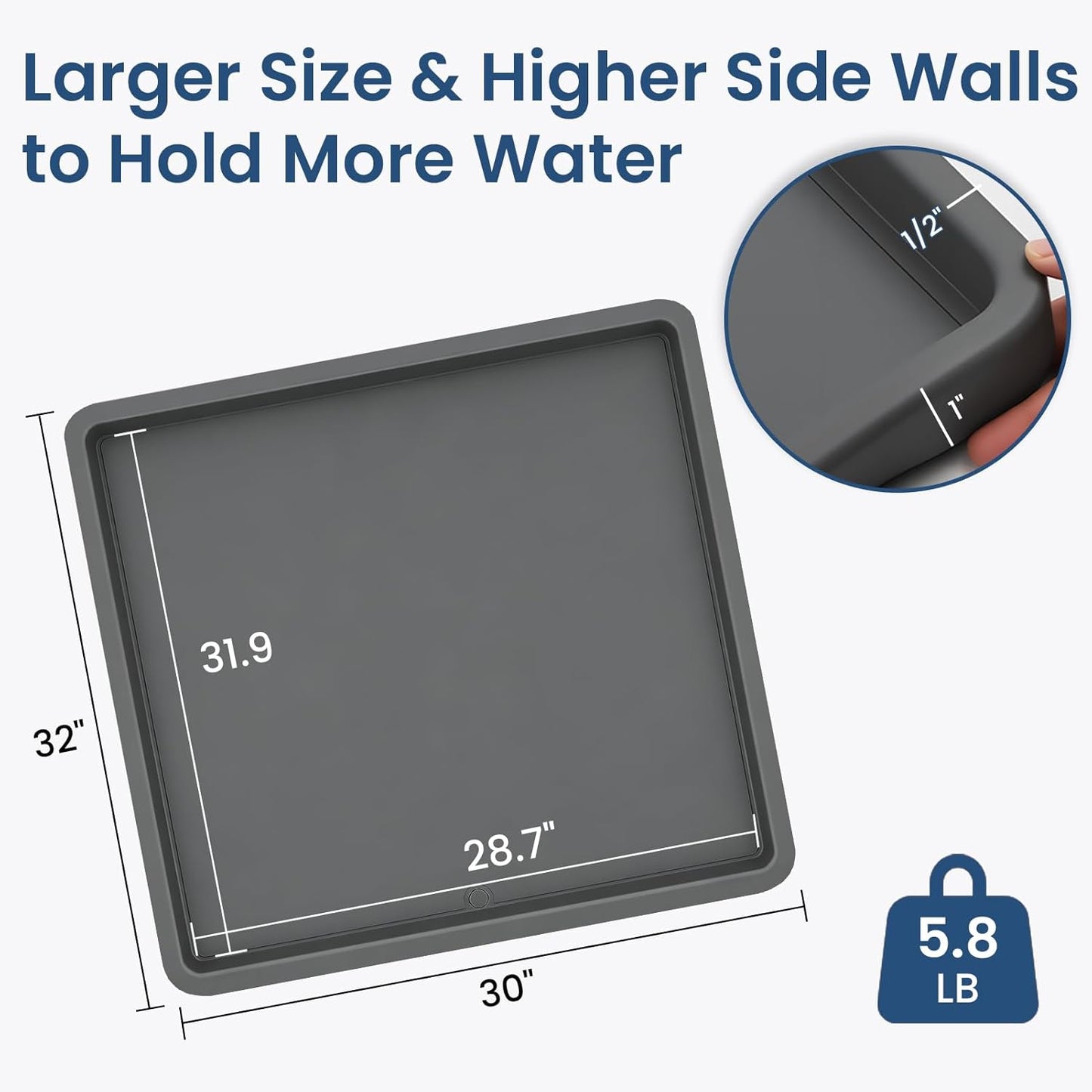 33 X 30 inch Large Thickened Silicone Washing Machine Drain Pan with 1-1/5" Raised Edge, Leak Protection Anti-Vibration Non-Slip Washing Machine Tray for Washer Dryer Other Appliances