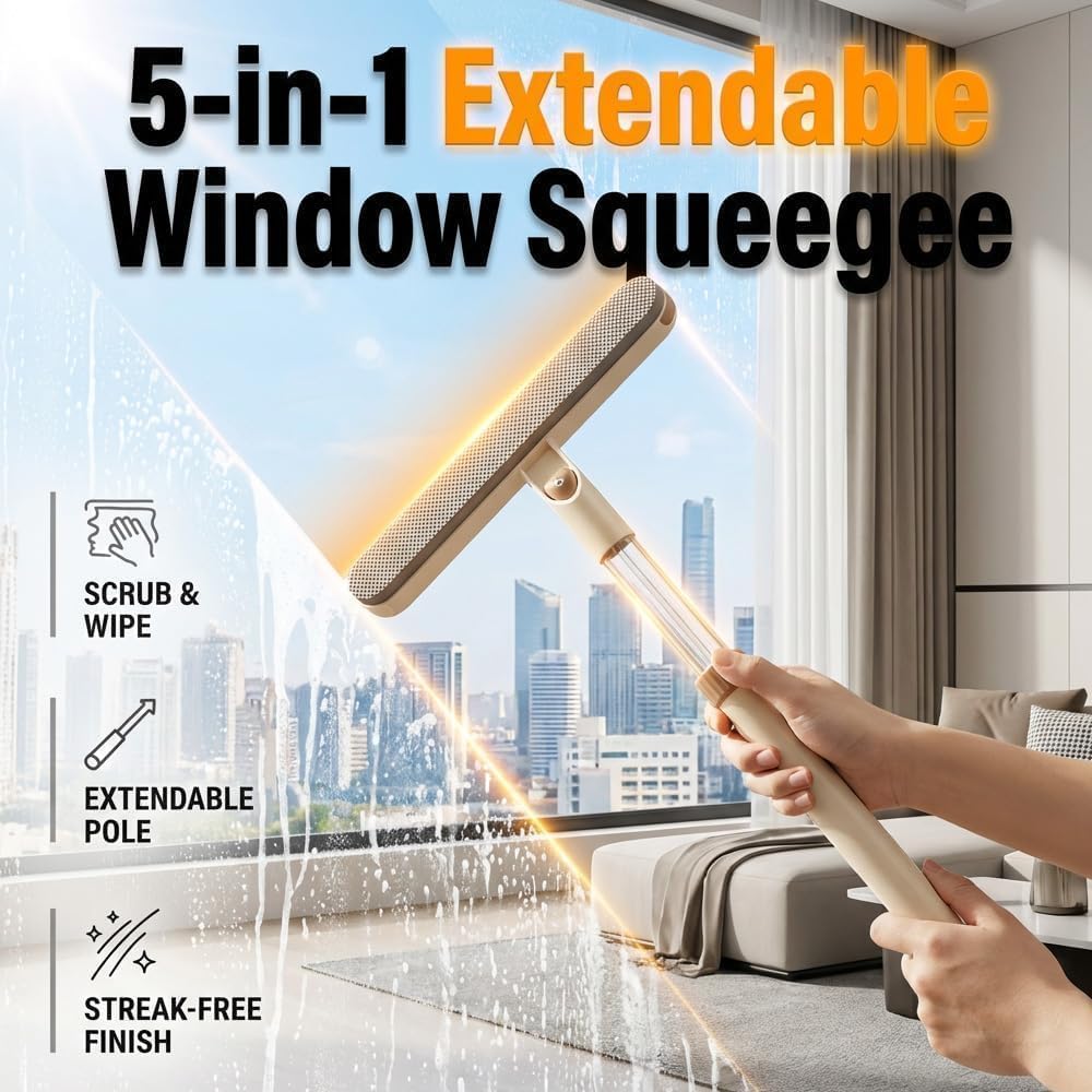 3-in-1 Double-Sided Window Screen Cleaning Brush, Window Washing Kit with Extension Pole, Cleaning Cloth Squeegee, Multifunctional Spray Window Tool for Outdoor Windows, Glass, Mirrors (Yellow)