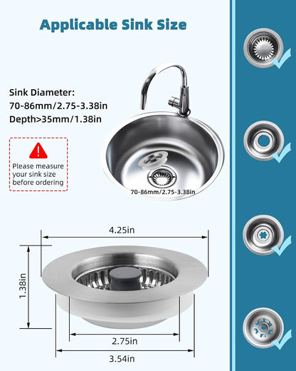 All Metal Sink Drain Strainer for Kitchen Sink, Universal Fit | Pop Up 3-in-1 Sink Stopper Drainer, 304 Stainless Steel Basket for US Standard 3-1/2 inch Drain Filter, Anti-clog