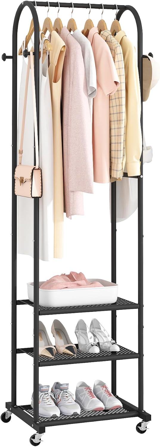 Kaitiemoo Heavy Duty Clothing Rack with Wheels,Modern Garment Rack with 3 Metal Shelves, 71.8Inches Display Rack for Hanging Clothes, Hanging Rod for Small Spaces,White