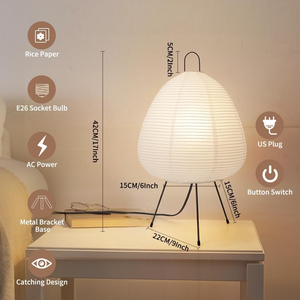 Japanese Rice Paper Lamp Bedside Table Lamps for Living Room,Paper Lantern Light,Japanese Decor Akari Noguchi Lamp with Button Switch,17INCH Japandi Tripod Lantern Lamps for Desk,E26 Base