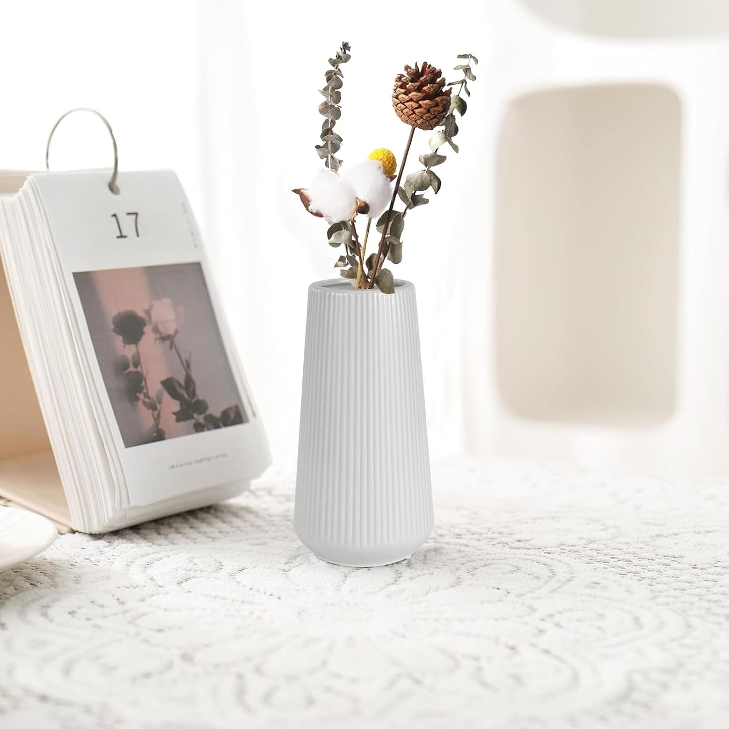 White Ceramic Vase, GUKJOB Small Cute Flower Vase for Pampas Grass, Home, Living Room, Dining Table, Farmhouse, Office Decor, Bedroom, Table, and Kitchen Shelf (White- 2PCS)