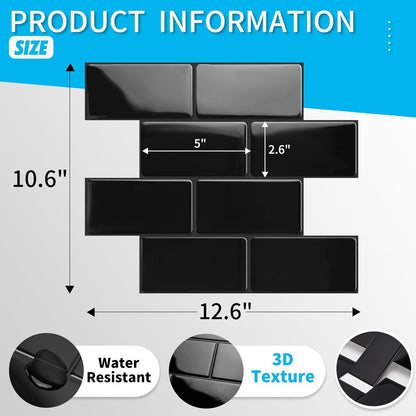 Art3d Peel and Stick Backsplash, 10-Pack Thickened Stick on Subway Tiles, Faux Ceramic Tiles for Kitchen, Bathroom, Black