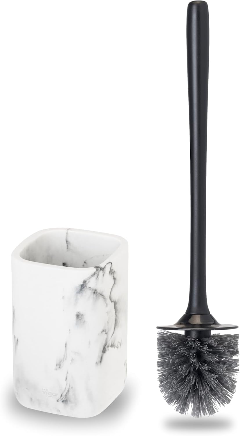 Vigar Zense Toilet Brush and Holder Set - Toilet Bowl Brush and Holder, Polyresin Stone Bathroom Accessory, Compact Toilet Cleaner Brush for Bathroom Decor and Toilet Accessories Set - White Marble