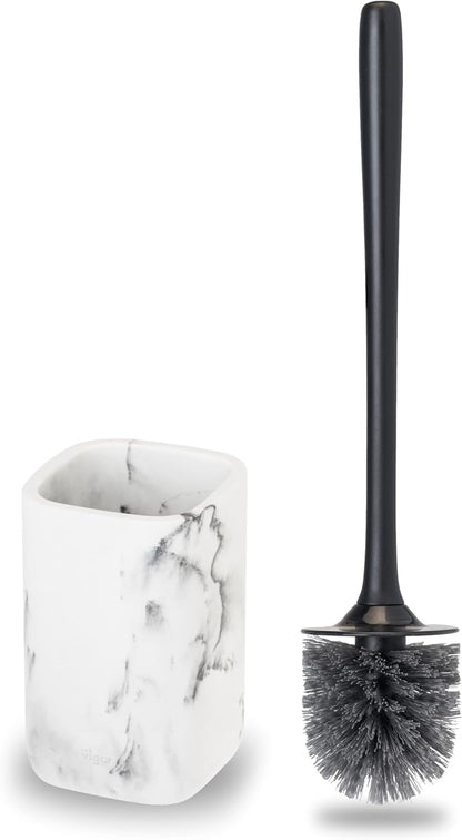 Vigar Zense Toilet Brush and Holder Set - Toilet Bowl Brush and Holder, Polyresin Stone Bathroom Accessory, Compact Toilet Cleaner Brush for Bathroom Decor and Toilet Accessories Set - White Marble