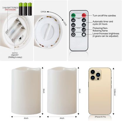 Amagic 3 Pack 4"x 6"8" 10" Outdoor Plastic Electric flameless Candles with Remote Control and Timer, Battery Operated Flickering LED Pillar Fake Candle for Home, Wedding Decor, Ivory