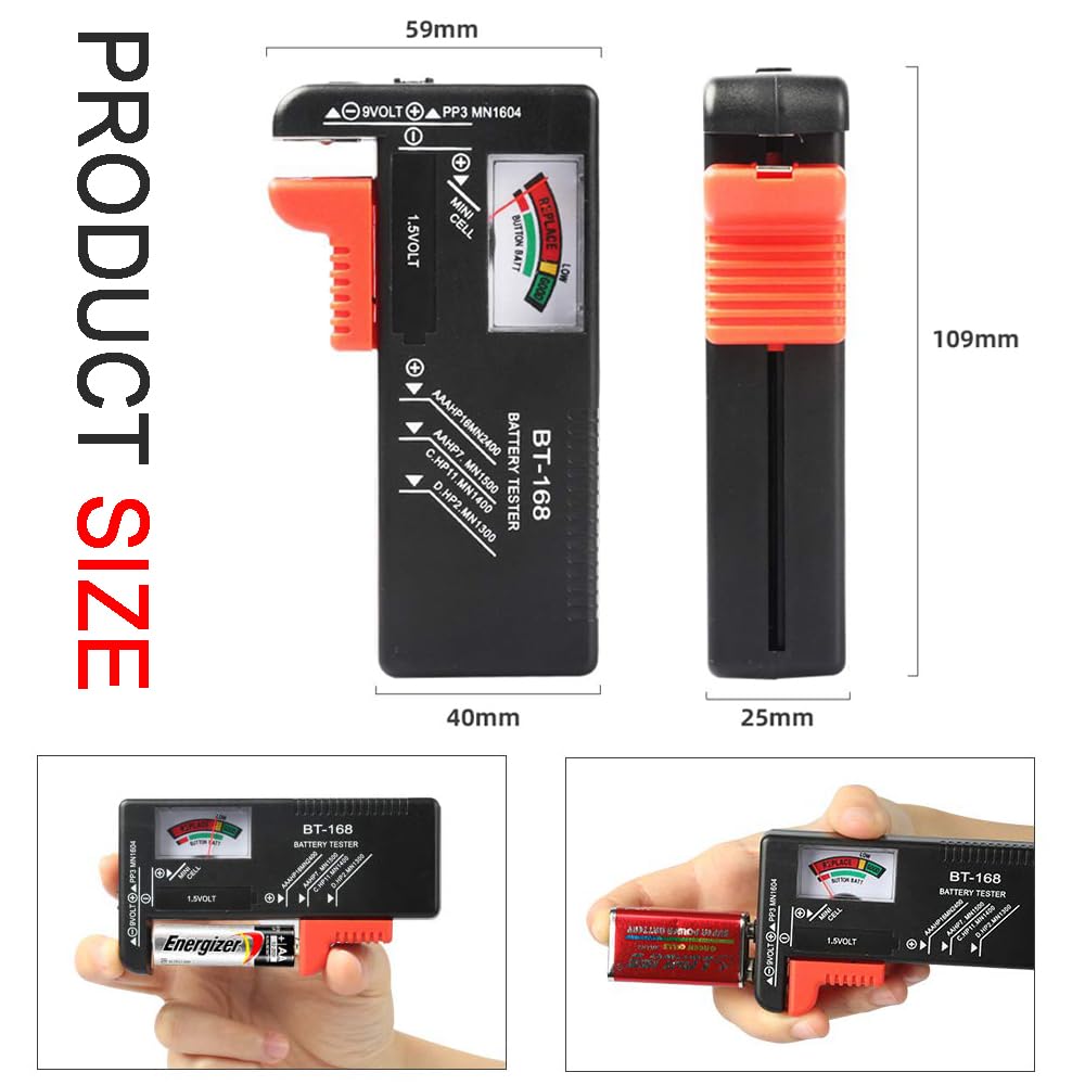 2Pcs Battery Tester Checker, Universal Battery Checker for AA AAA C D 9V 1.5V Button Cell Household Batteries Smal Electrical Monitor Meter Equipment (Requires No Battery for Operating)