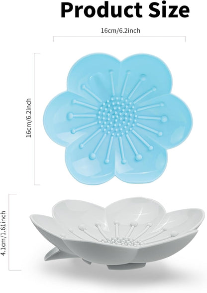Soap Dishes 2 Pack Self Draining XL Flexible Bar Holder for Shower Steamer, Silicone Flower Soap Saver Tray for Counter Bathtub Sink Bathroom Decor with Drainage -Mirror Surface Easy Clean, Grey/Blue