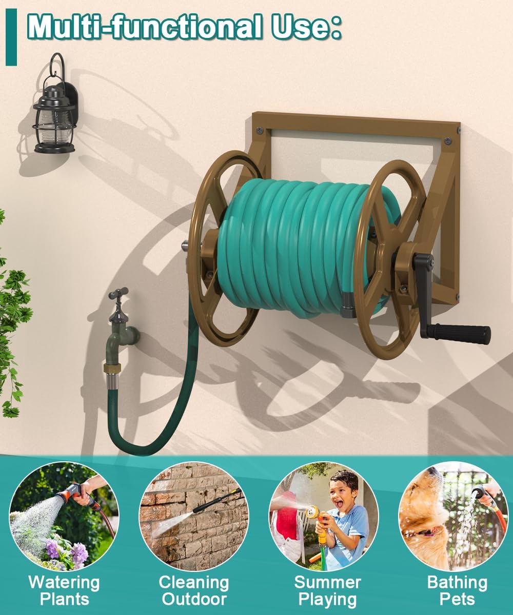 Artigarden Garden Hose Reel Wall Mounted, Outdoor Heavy Duty Powder Coated Metal Water Hoses Holder Winder Holds 125 ft 5/8" Hoses with 3.9ft Leader Hose, Stainless Steel Connector for Outside, Black