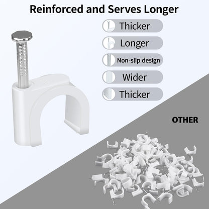 LeMotech Cable Clips, 1000pcs 8mm Wire Wall Clips with Steel Nails, Coaxial Nail Clamps for Cable Cord Management RG6 RG59 CAT5e CAT6 RJ45 Ethernet Cable Clamps, White