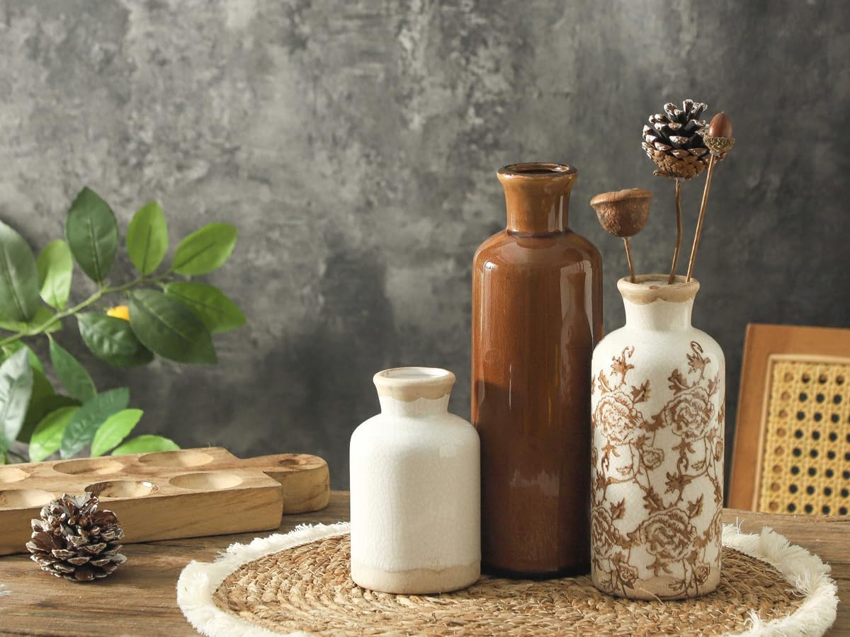Ceramic Vase Set of 3, Neutral Flower Vases Home Decor, Pottery Rustic Farmhouse Decorative Vases Modern Decor for Table Mantel Entryway Bookshelf Living Room Kitchen Bedroom - Brown