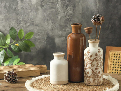Ceramic Vase Set of 3, Neutral Flower Vases Home Decor, Pottery Rustic Farmhouse Decorative Vases Modern Decor for Table Mantel Entryway Bookshelf Living Room Kitchen Bedroom - Brown