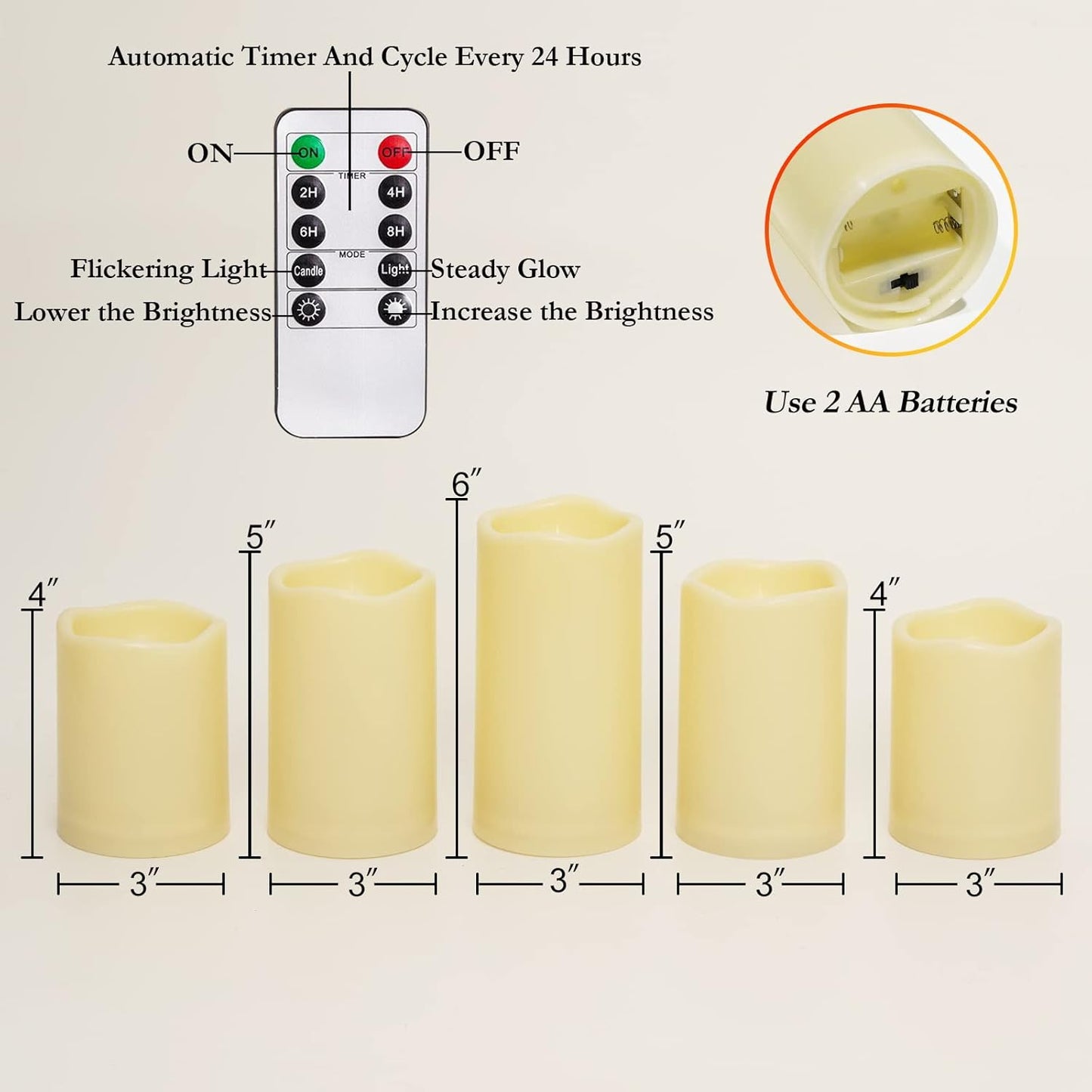 Homemory 3 Pack Flameless Candles, Outdoor Waterproof, Battery Operated LED Pillar Candles with Remote Control and Timer, Plastic, Long Lasting，4”5”6”