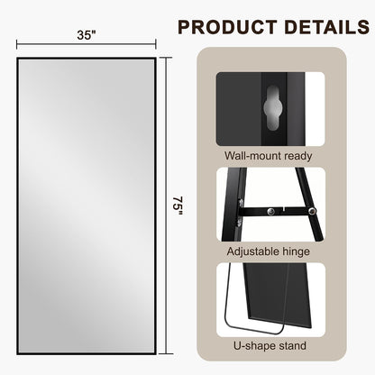 FICTOR Full Length Mirror with Stand, Floor Standing Mirror Full Body, HD Shatterproof Black Frame Wall Mirror for Bedroom, Living Room, Dressing Room & Entryway, 56"x15"