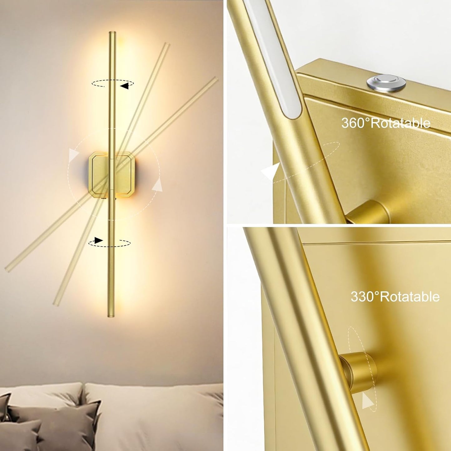Battery Operated Wall Sconces Set of 2, 𝐔𝐩𝐠𝐫𝐚𝐝𝐞𝐝 Rechargeable Wall Lights with Remote Control, LED Wall Sconces Black, 3000K-6000K Dimmable 360° Rotatable for Living Room, Bedroom, 28''