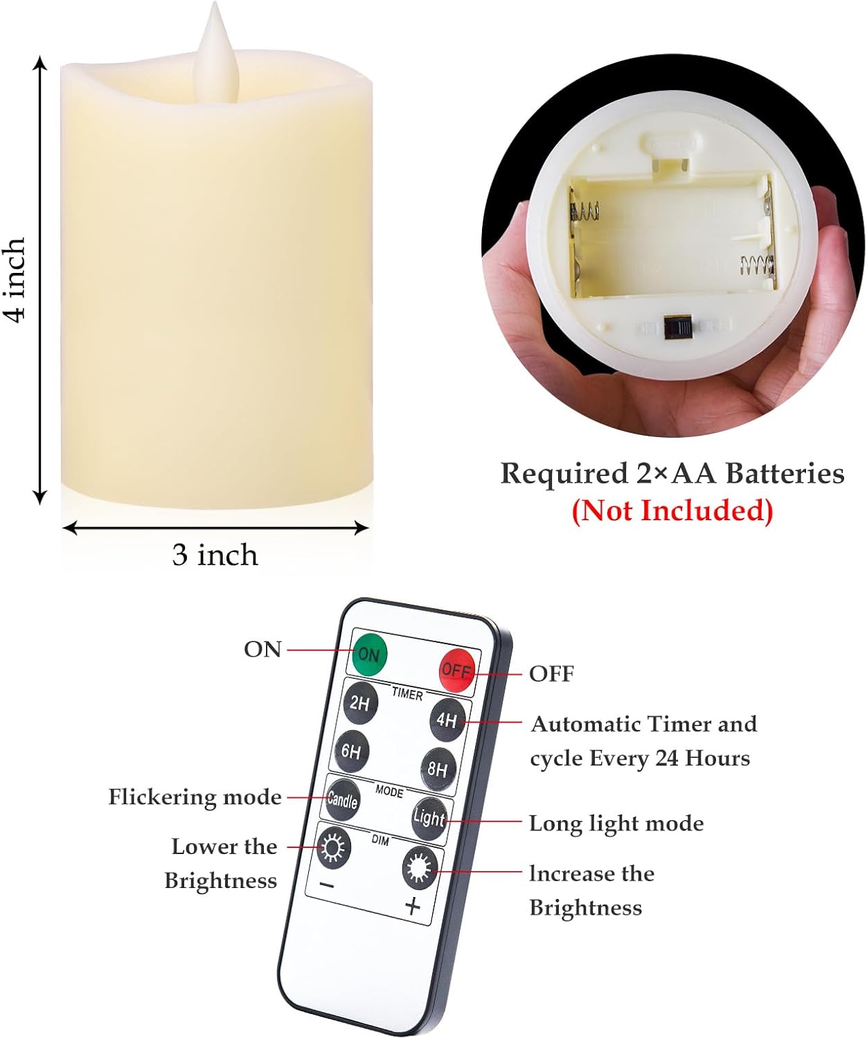3"x4" Flickering Flameless Battery Candles with Timer, White Realistic LED Pillar Candles, Set of 2 Large Remote-Operated Candles for Home Indoor/Outdoor & Holiday Decor